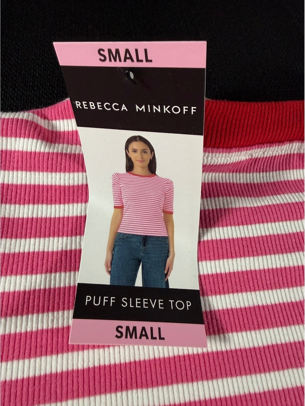 Rebecca Minkoff Pink and White Striped Cotton Blend Top with Red Trim, Size S - Picture 7 of 7